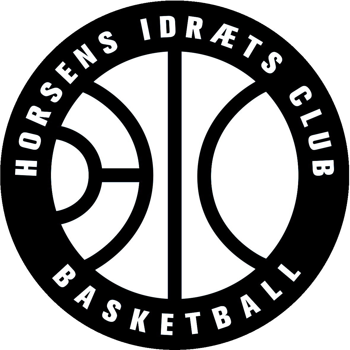 Black and white logo of Horsens Idræts Club Basketball featuring a basketball graphic inside a circular badge.