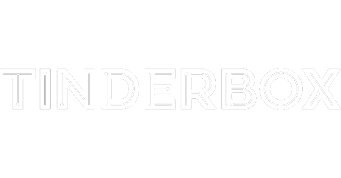 Tinderbox logo displayed in white outline text on a dark background.