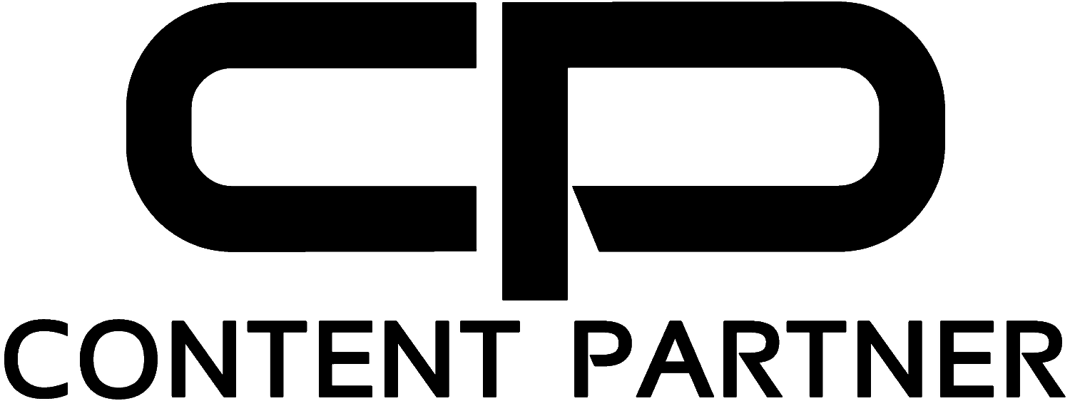 A black and white logo design featuring the letters CP with the text 'CONTENT PARTNER' underneath.