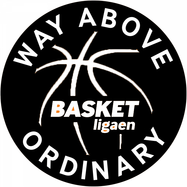 Black circular logo for Basketligaen with a basketball graphic and the slogan Way Above Ordinary.