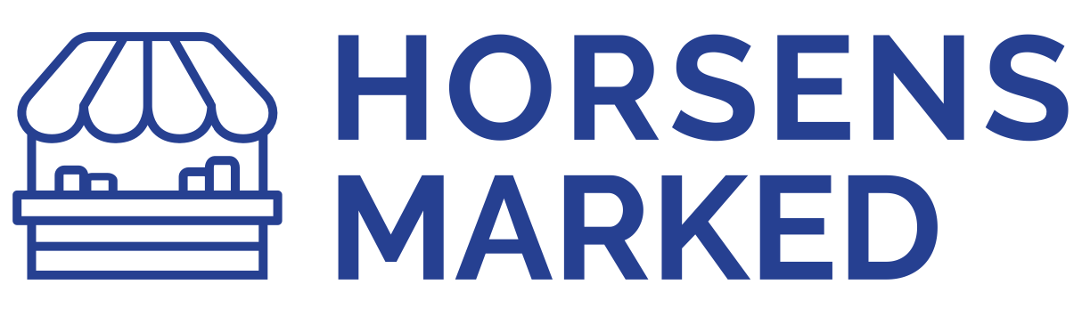Blue and white logo of Horsens Marked featuring a market stall icon with an awning and products on display.