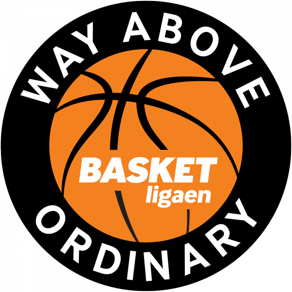 Basketligaen logo with a basketball and the slogan Way Above Ordinary on a black circular badge.