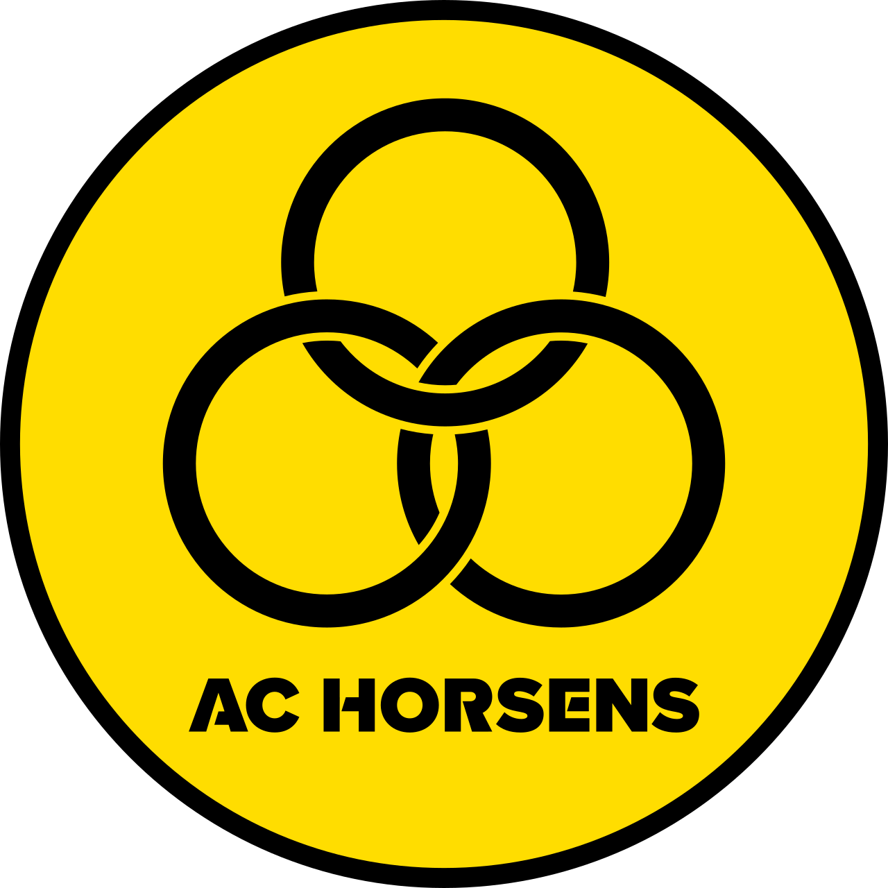 AC Horsens football club logo featuring three interlocking rings on a bold yellow circular badge.
