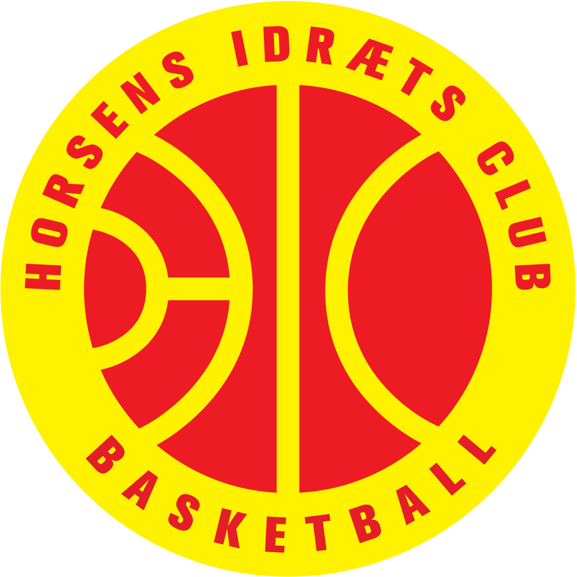 Horsens Idræts Club Basketball logo with red basketball design on yellow circular background.