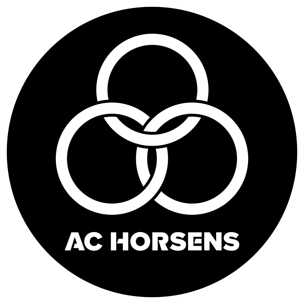 AC Horsens football club logo featuring three interlocking white rings on a black circular background.