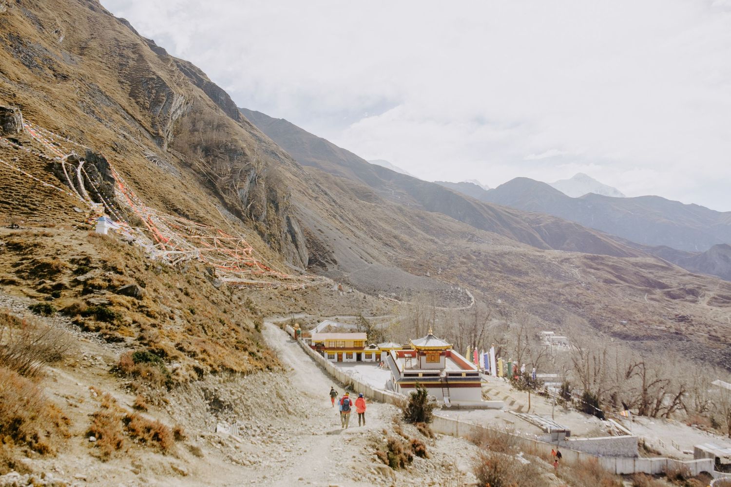 Winding mountain road cuts through arid valley landscape with snow-capped peaks in distance.