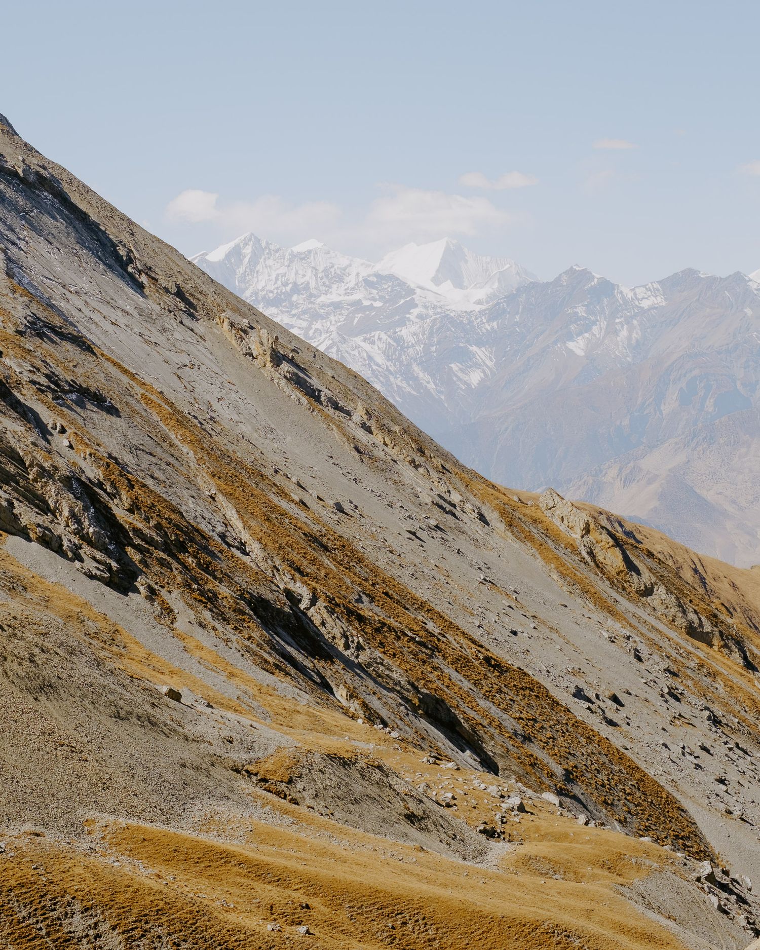 Steep mountain slope with loose scree and rocky outcrops beneath snow-capped peaks.