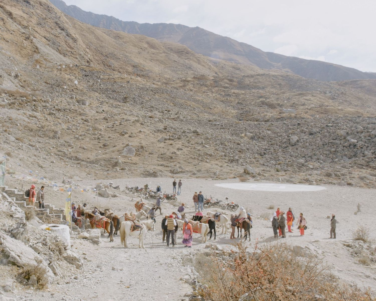 Group of pack animals and travelers gathered in a rocky mountain valley with towering peaks in the distance.
