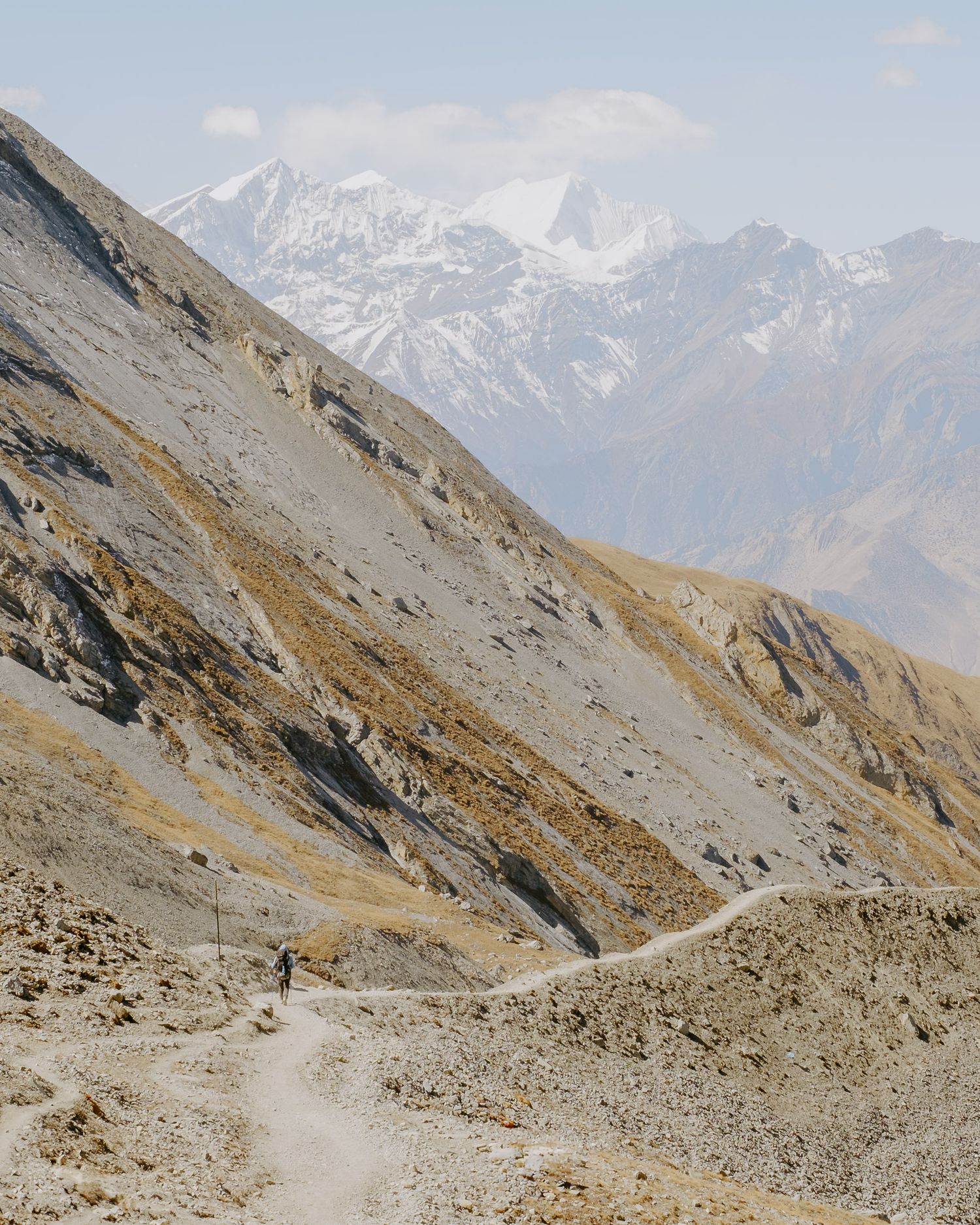 Winding mountain trail leading through rugged terrain with snow-capped peaks in the distance.
