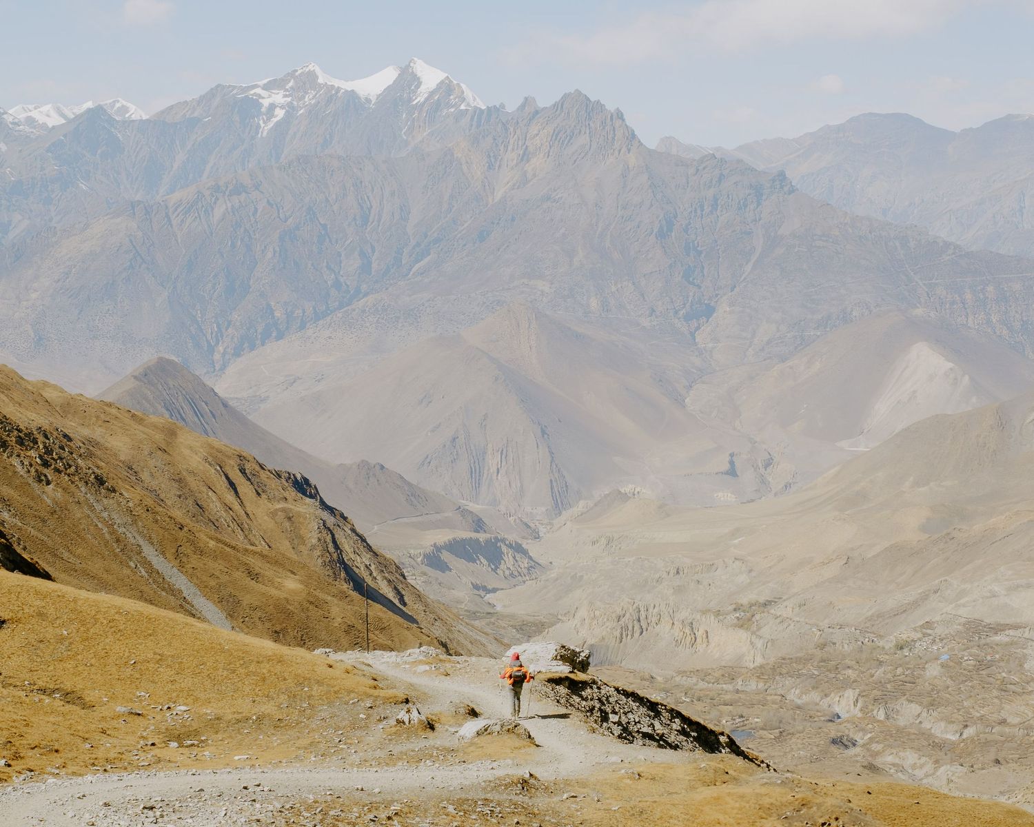Lone Hiker on Descent from Thorong La