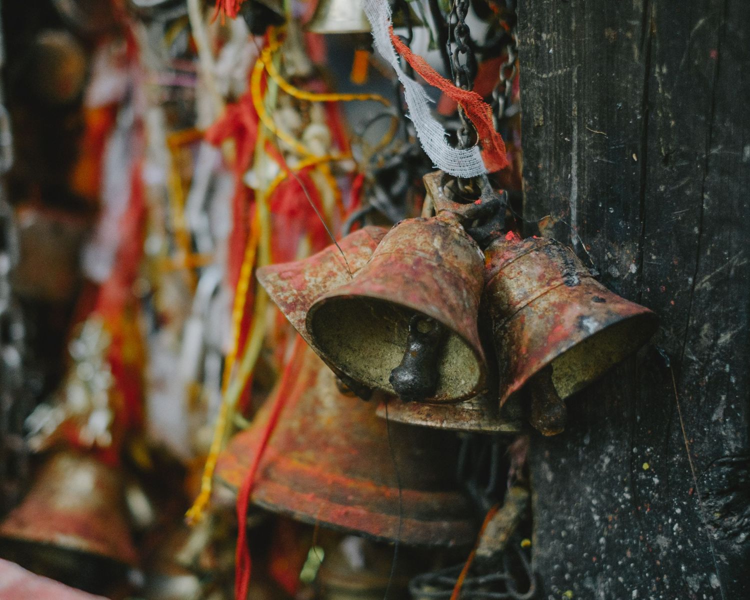 Rustic metal bells with red ribbons hanging in dim lighting creating a traditional decorative display.