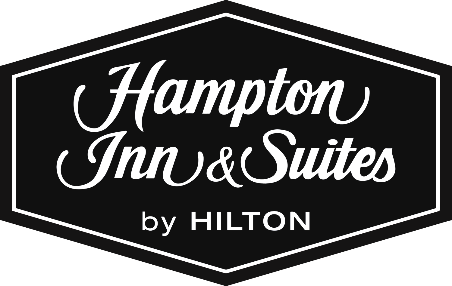 Hampton Inn & Suites by Hilton logo displayed in white script font on a black hexagonal badge shape.