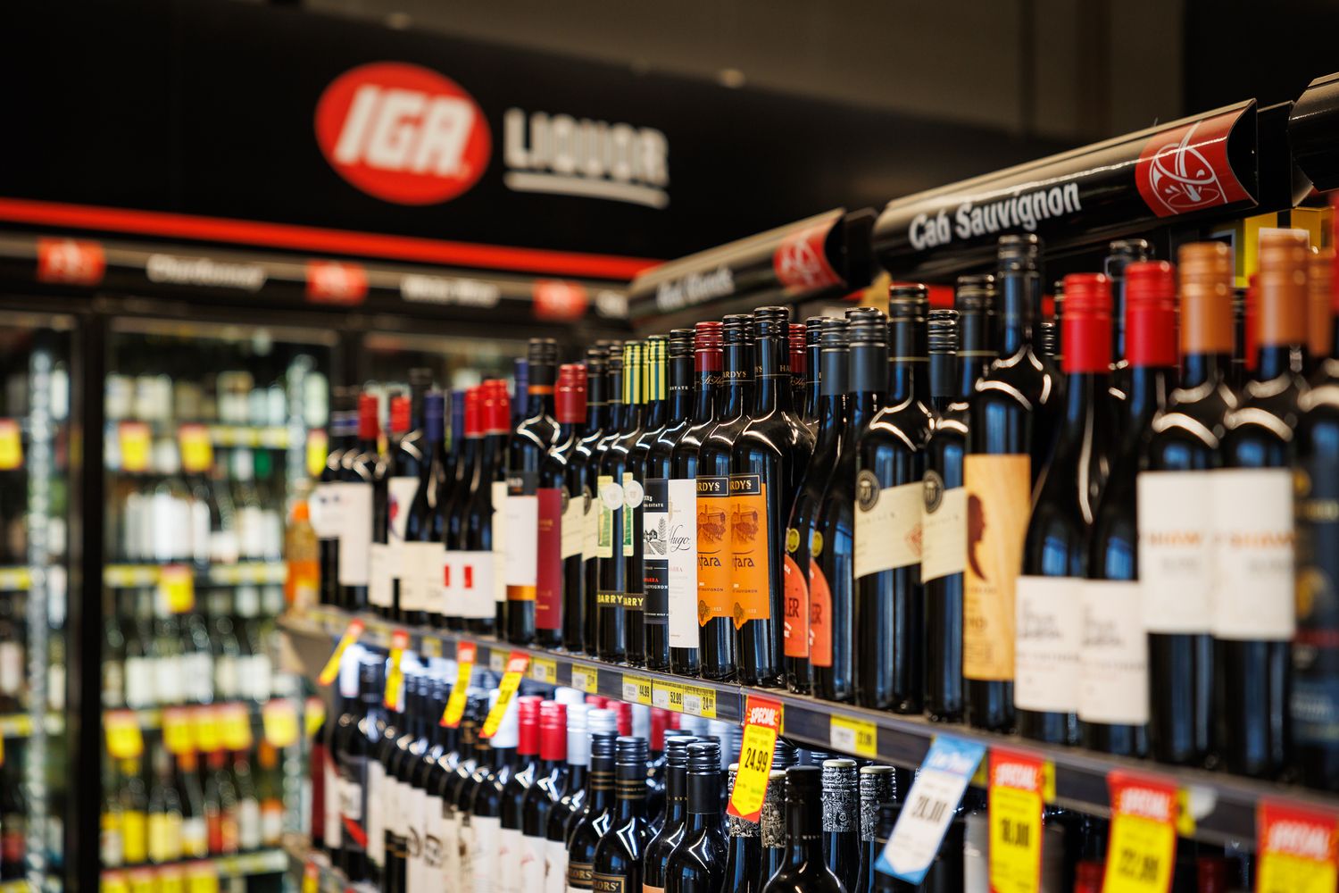 Rows of wine bottles displayed on retail shelves in a liquor store with selective focus.