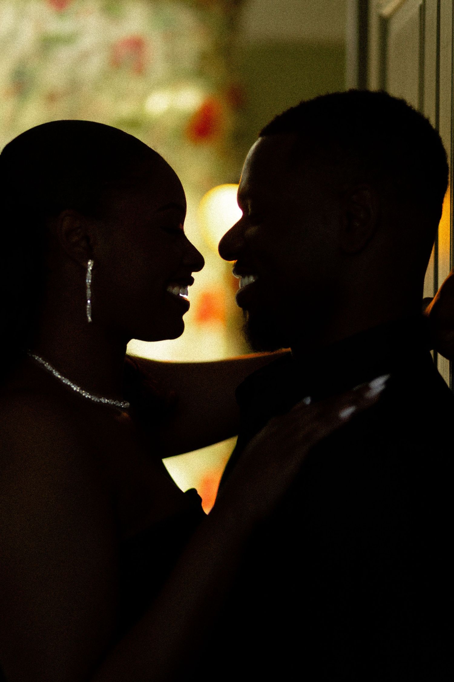 A romantic silhouette of a couple in an intimate moment with soft lighting.