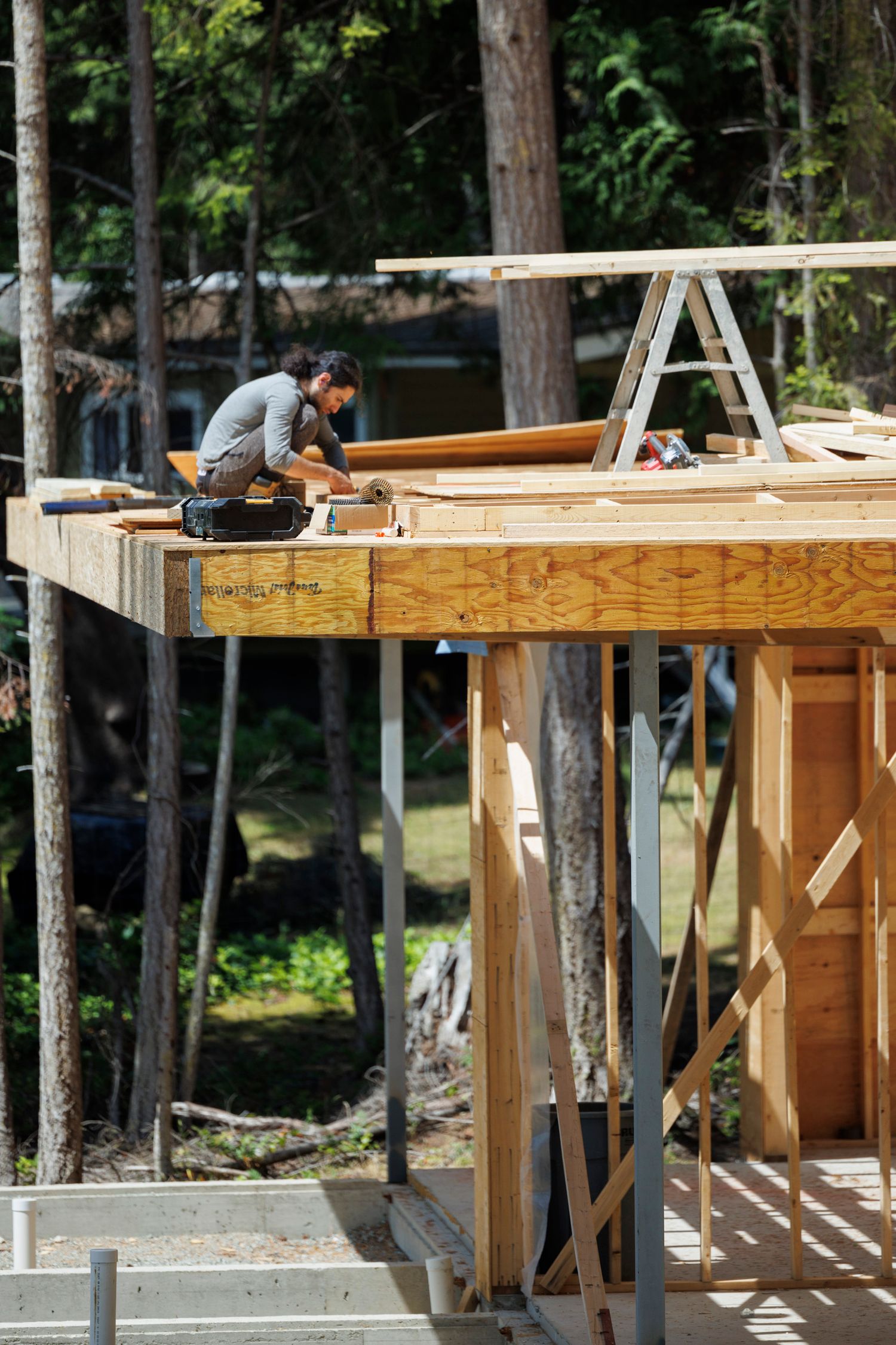 Construction worker framing a wooden structure elevated above ground, surrounded by tall evergreen trees in natural setting.