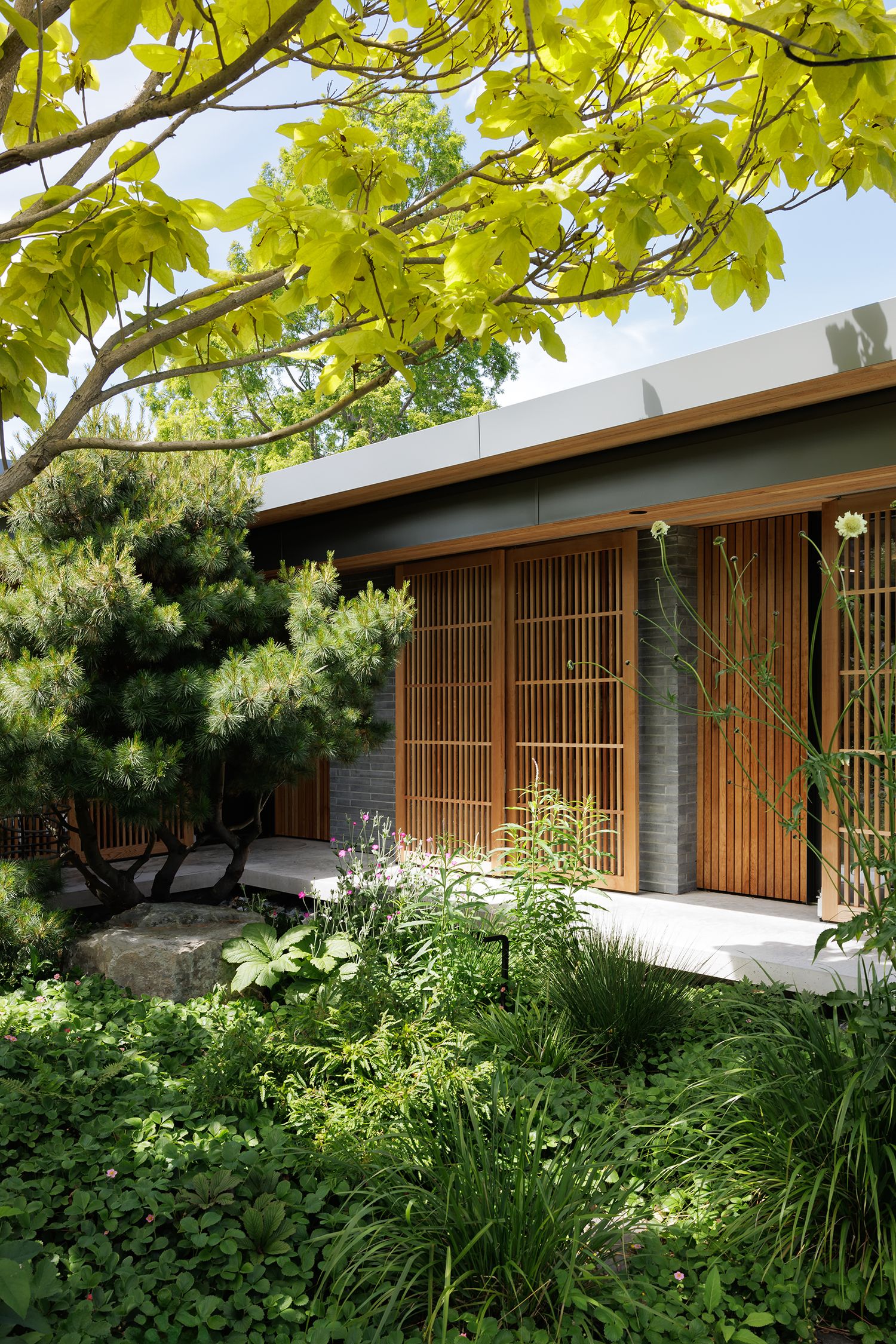 Low-profile modern home with wood screens and gray exterior surrounded by lush garden and mature trees.