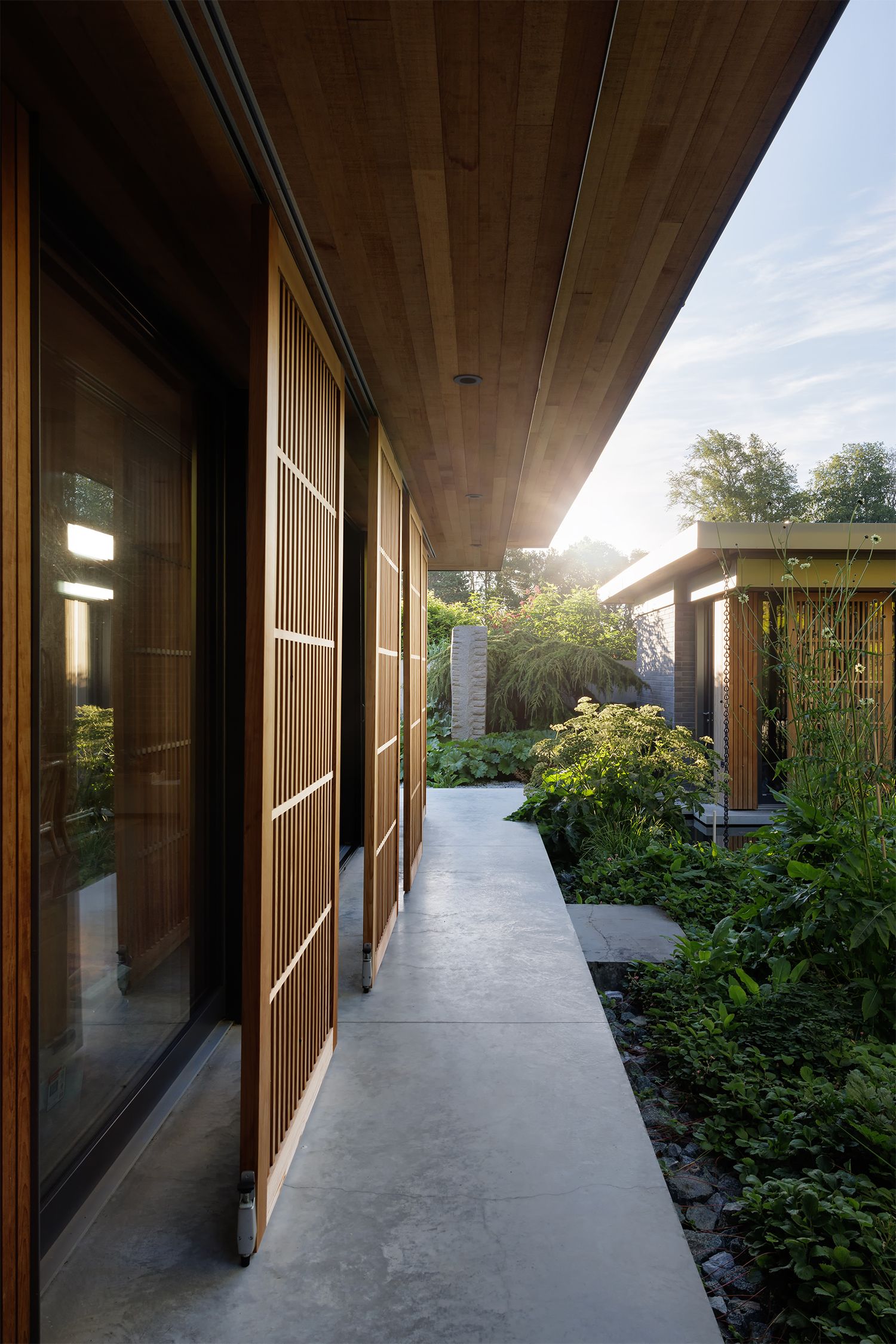 Covered walkway with wood-slat screens, concrete path, and lush garden plantings at golden hour.