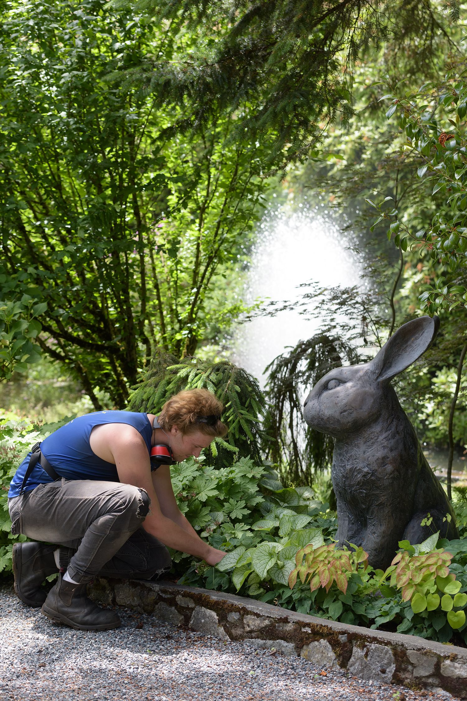 Woman gardening beside a large bronze rabbit sculpture in a lush green garden with a fountain.