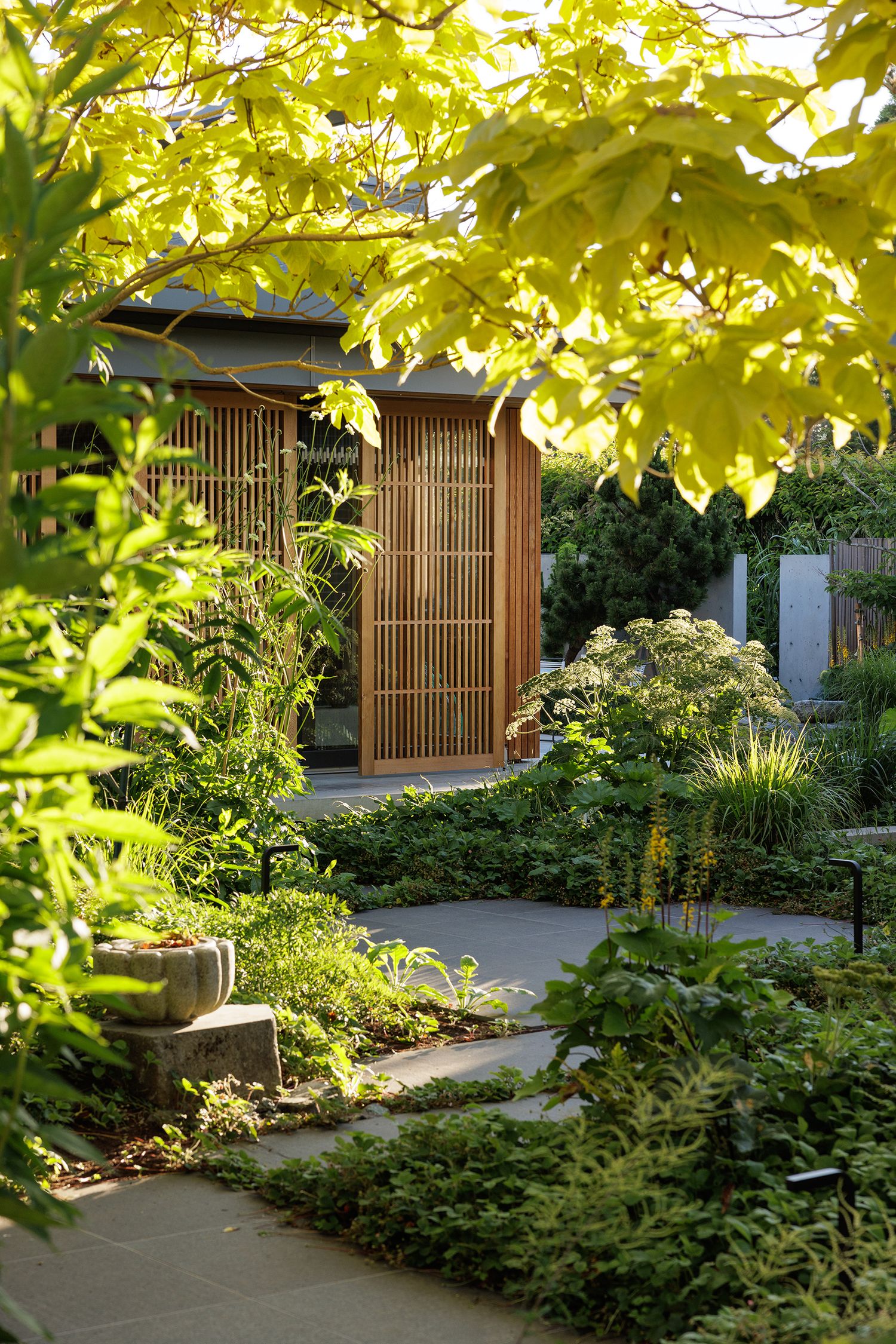 Japanese-inspired garden with wood lattice pavilion, stone path, and lush green plantings under maple trees.