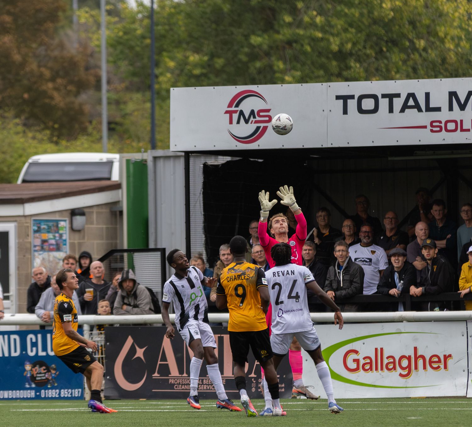 Goalkeeper leaps to catch ball during football match with players in yellow and white kits, TMS Total M sponsor board visible.