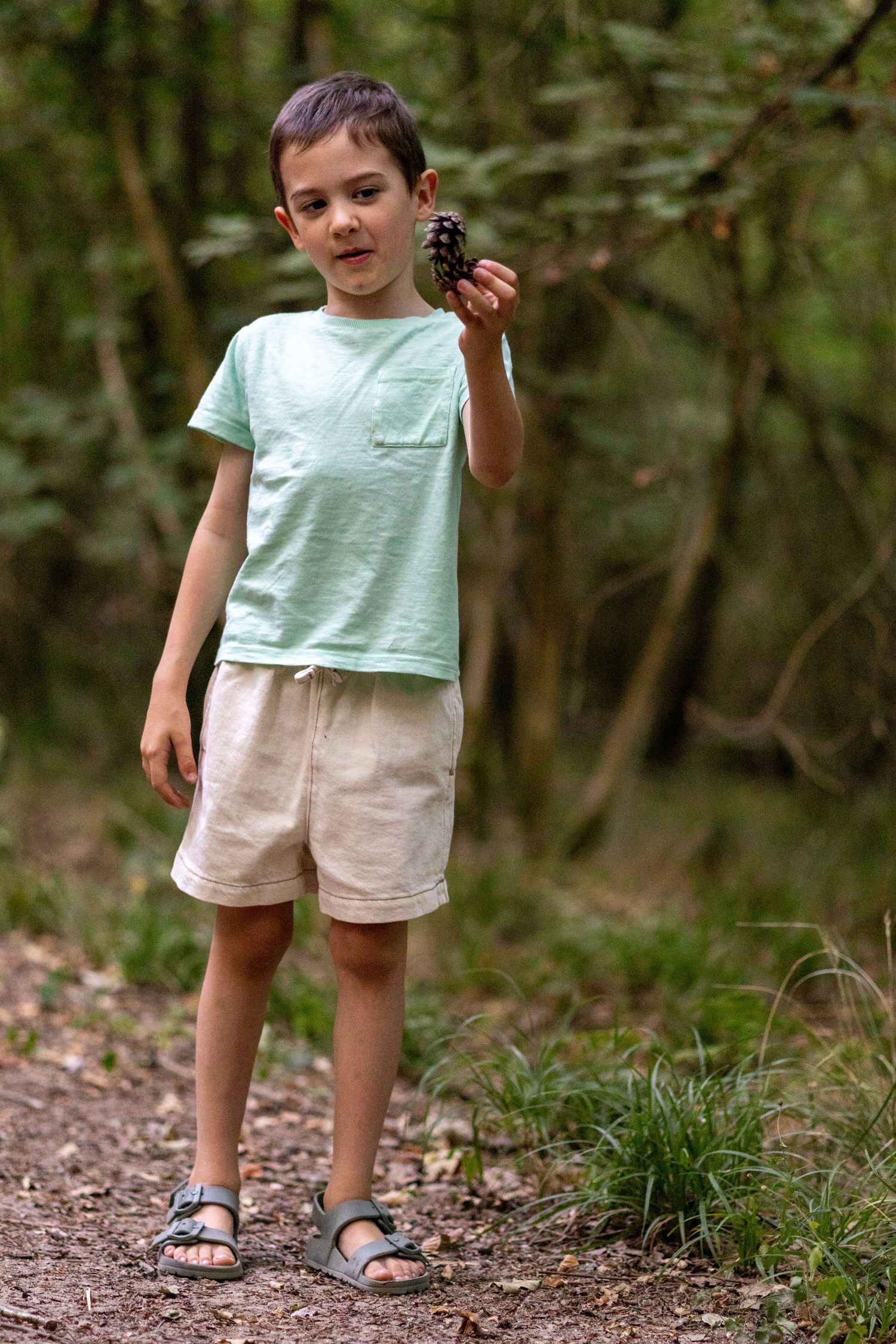 A young boy in a mint t-shirt holds up a pine cone while standing on a forest trail.