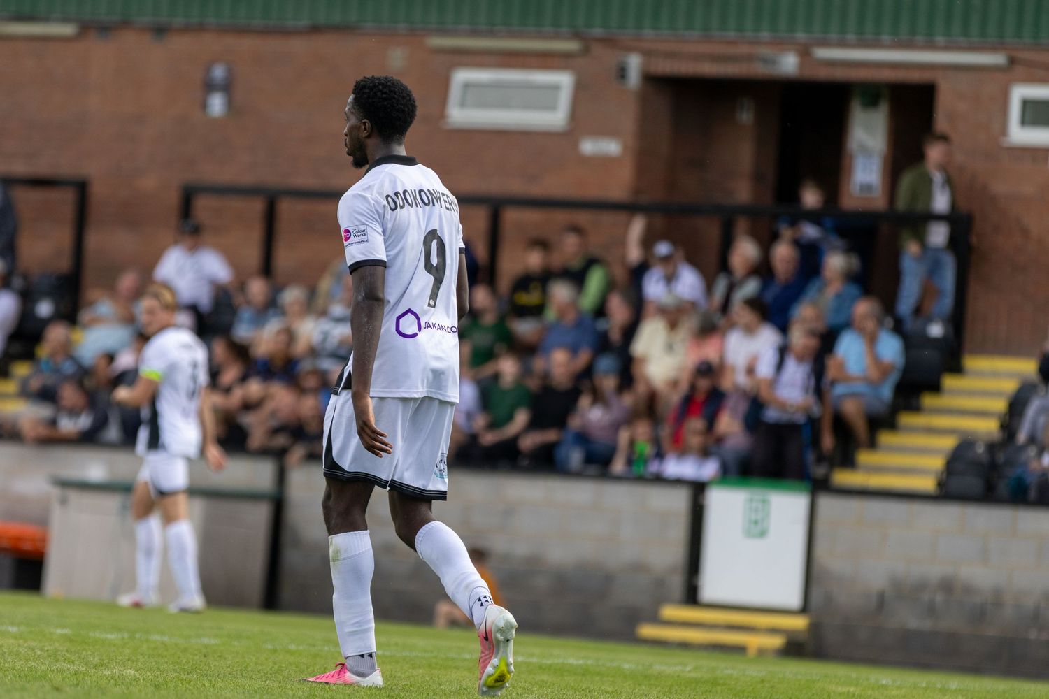 Football player wearing white jersey number 9 stands on pitch during a match with spectators in the background.