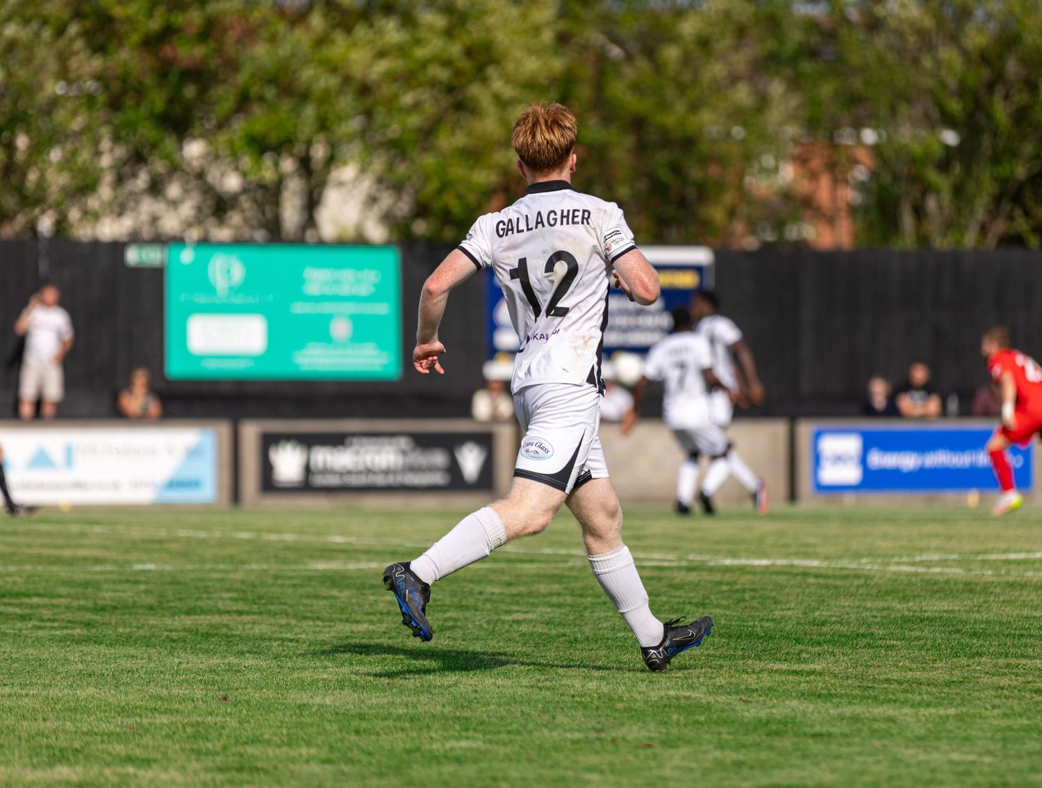Soccer player Gallagher wearing jersey number 12 runs on a green field during a sunny outdoor match.