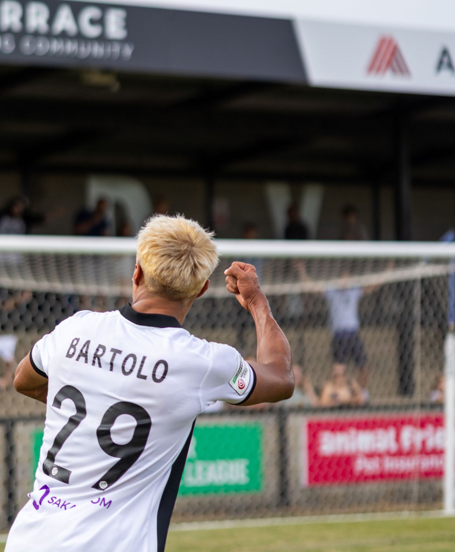 Soccer player Bartolo wearing number 29 white jersey raises fist in celebration during a match.