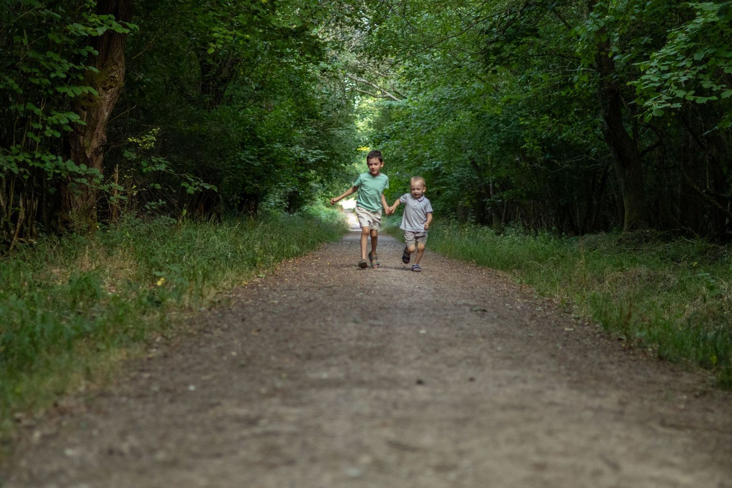 Two children holding hands walking down a long winding dirt path through dense green woods.