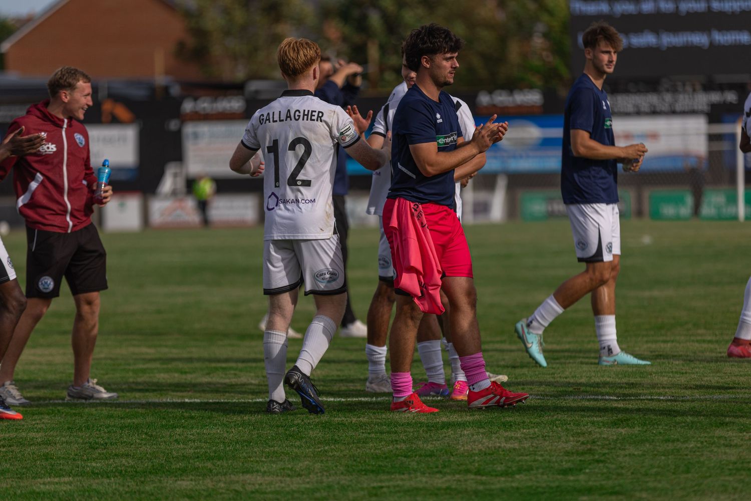 Soccer players in white and blue jerseys shake hands on a green field after a match on a sunny day.