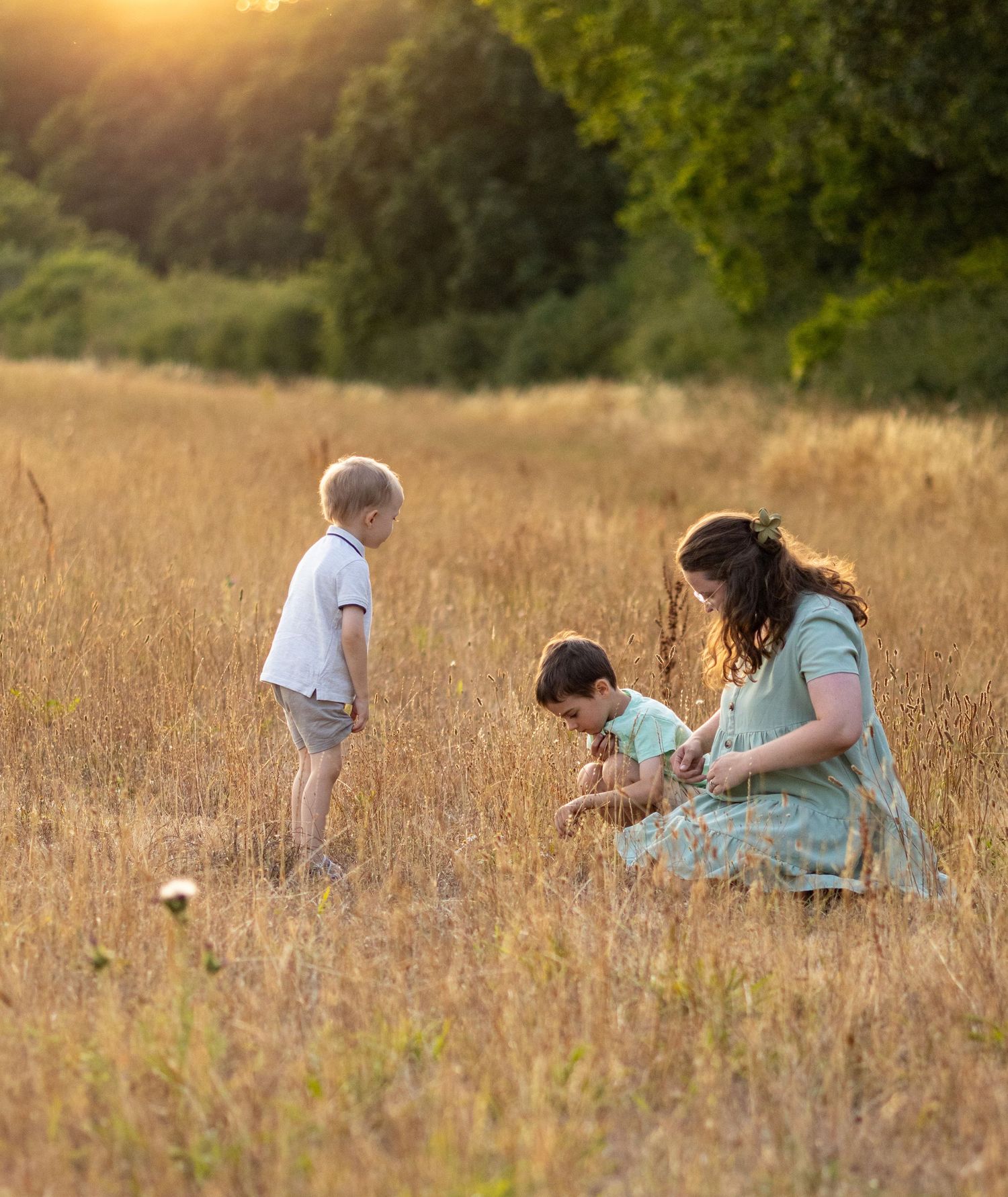 A pregnant mother in a mint dress sits in a golden meadow at sunset as two young boys explore the tall grass.