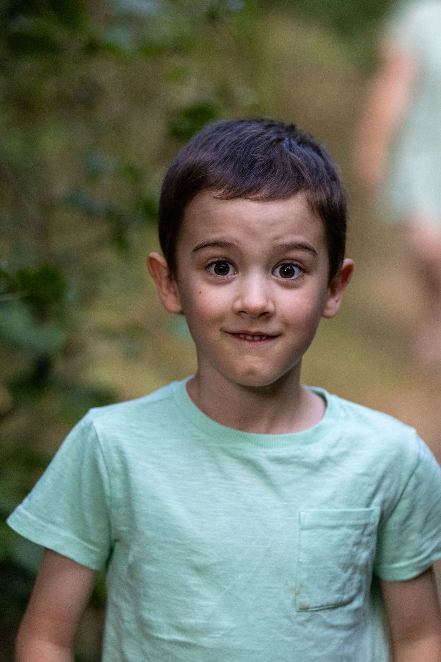 A young boy with dark hair wearing a mint green t-shirt makes a funny face outdoors.