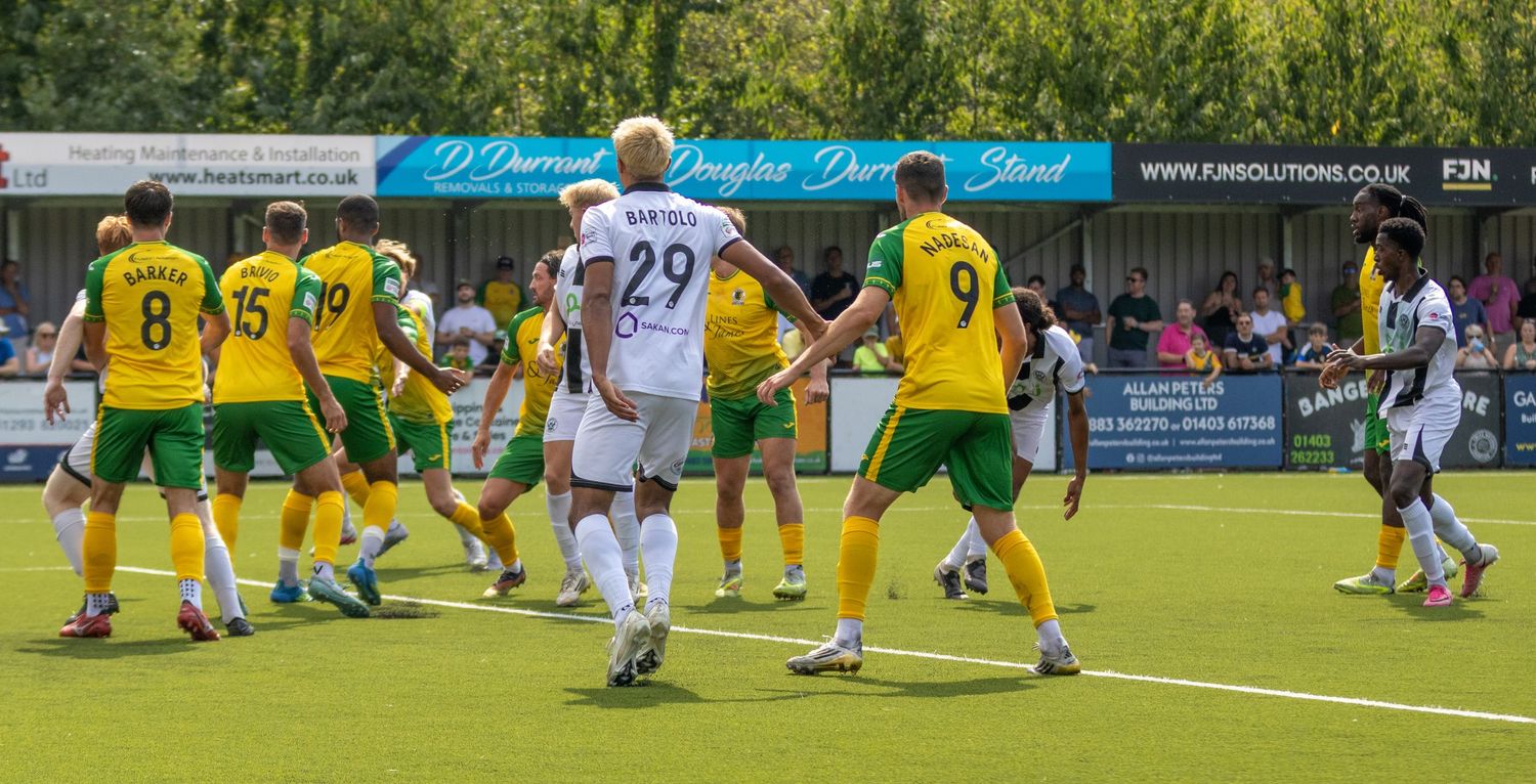 Football players in yellow-green and white kits celebrate during an outdoor match.