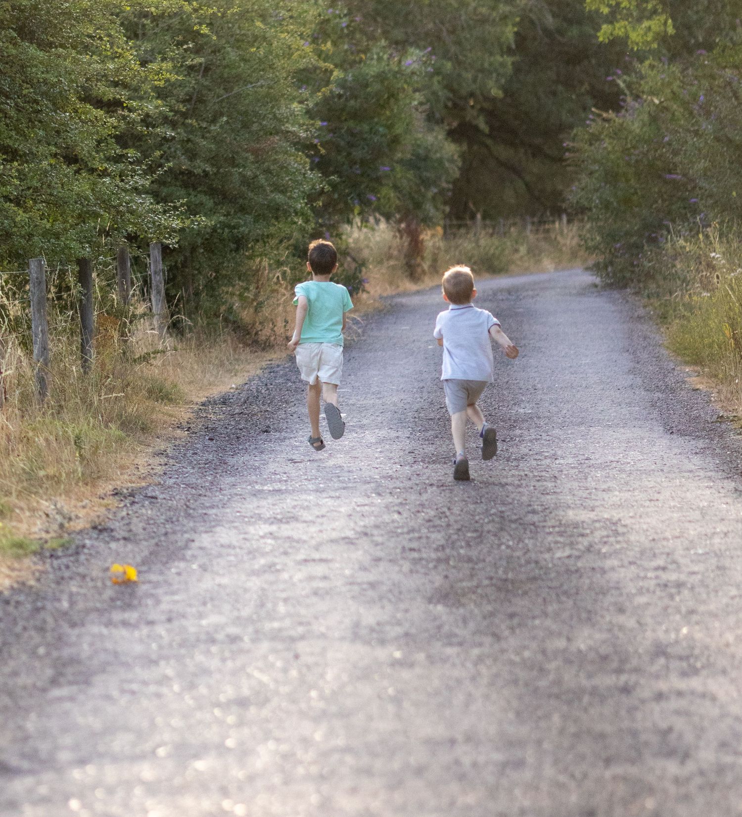 Two children running away down a tree-lined gravel country road on a sunny day.