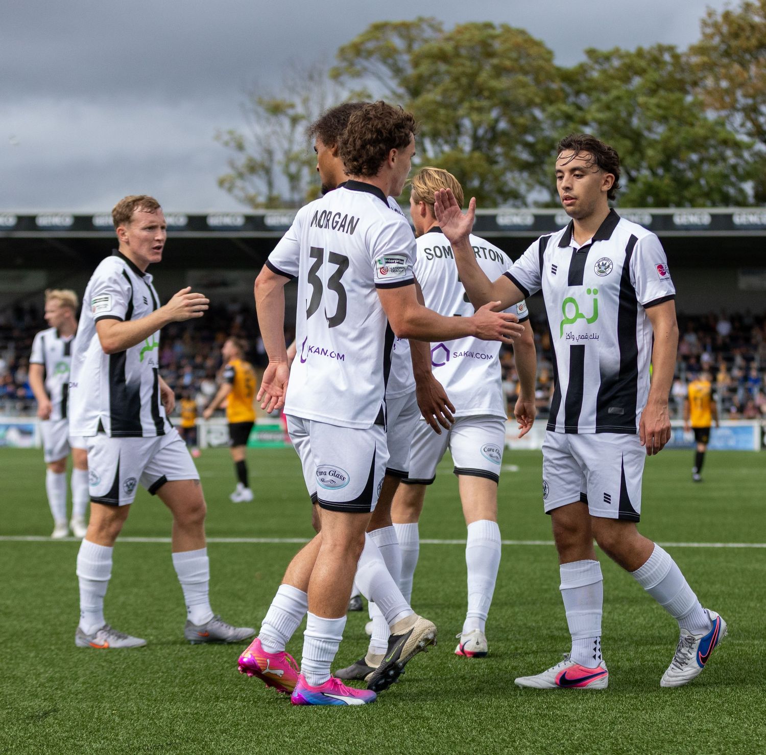 Football players in white uniforms celebrate on the pitch during a competitive match, with player number 33 visible.