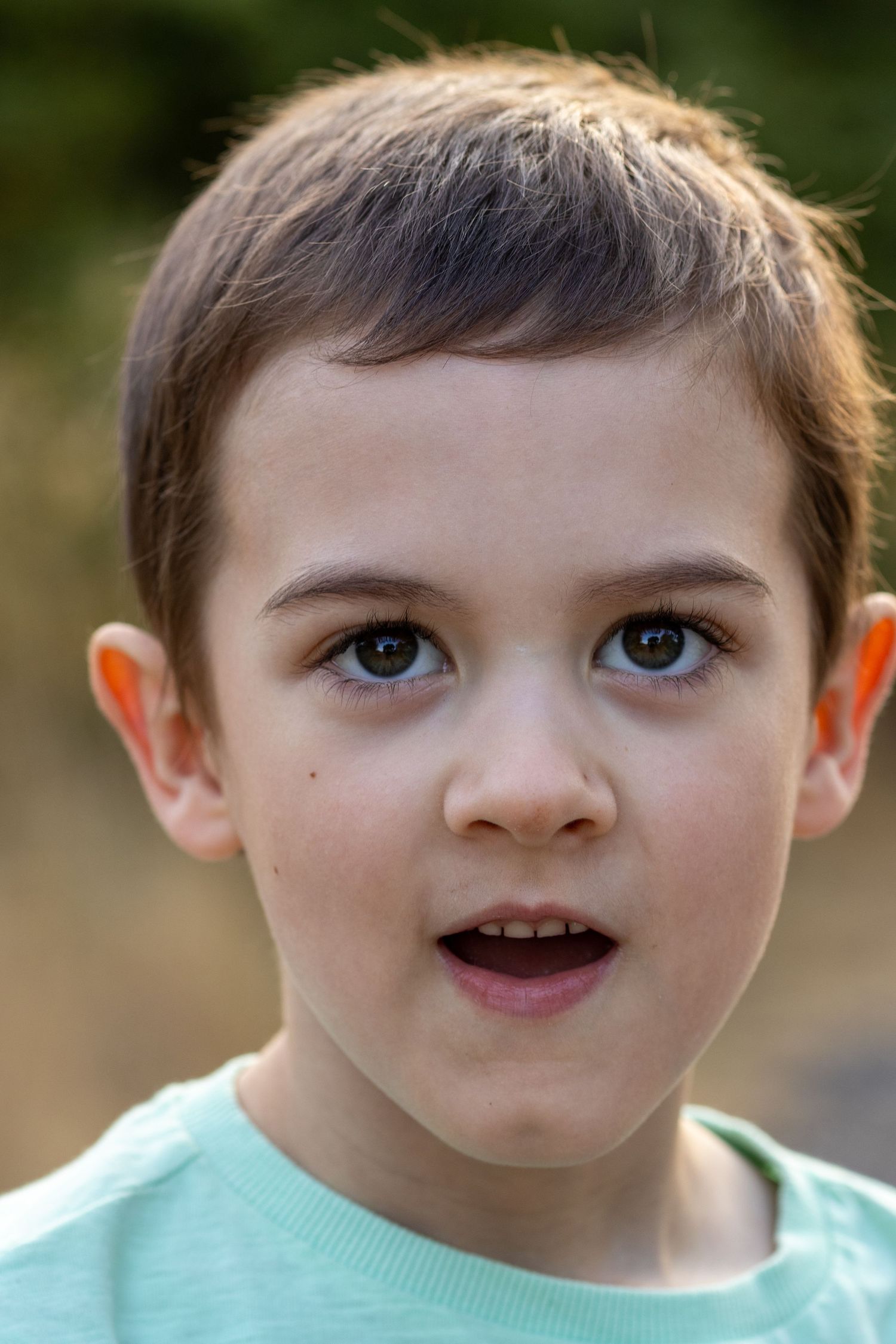 Portrait of a young boy with dark brown eyes and short hair in a light green shirt outdoors.