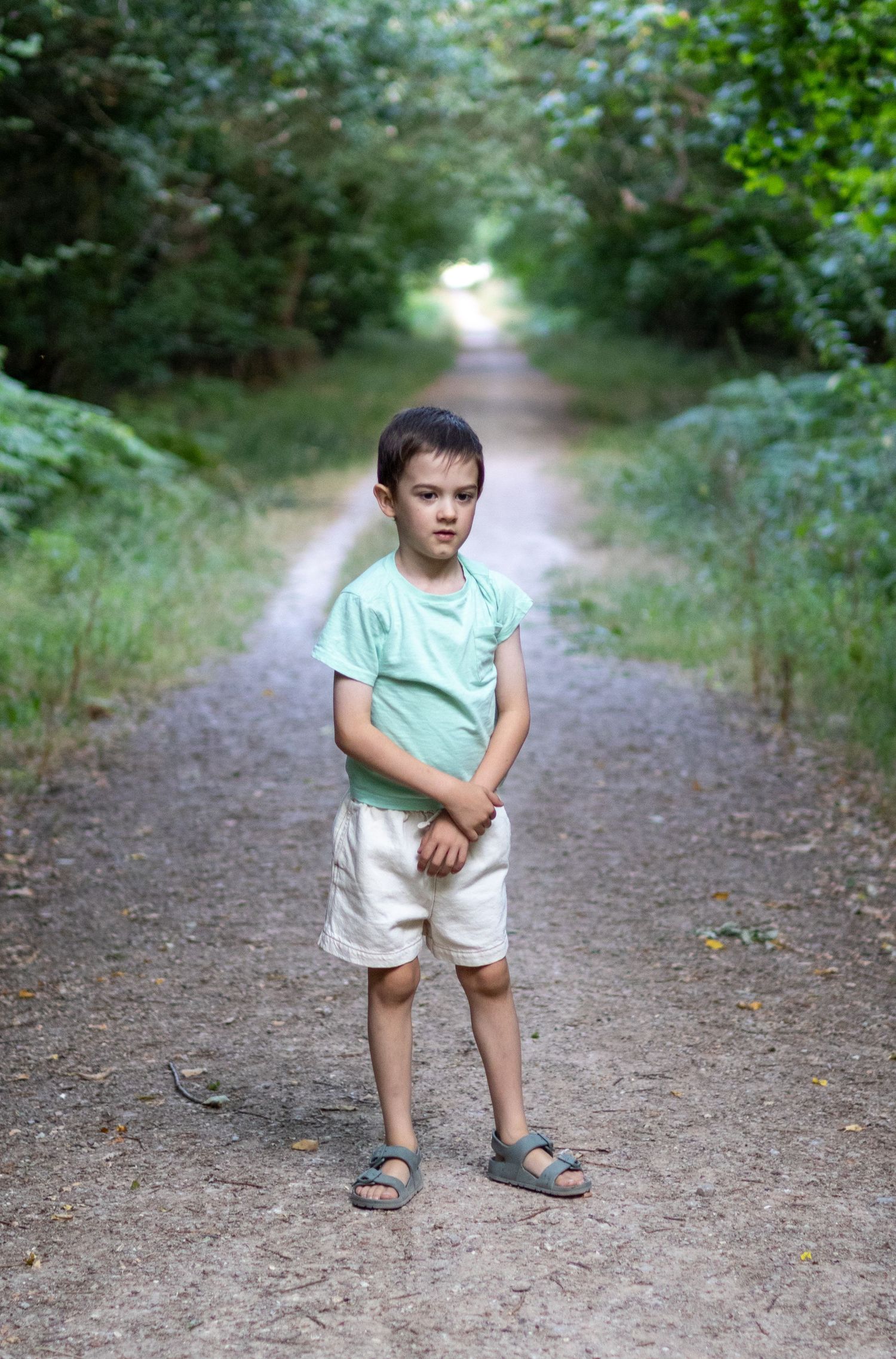 A young boy in a mint green shirt and beige shorts stands alone on a forest dirt path.