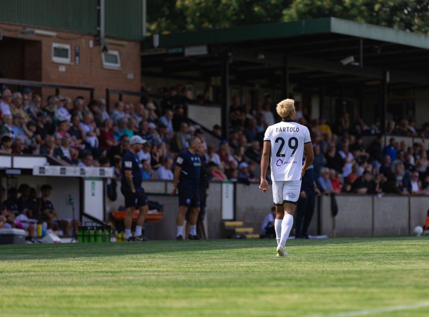 Soccer player number 29 FARTSO walks on green pitch during a match with crowded stadium stands in background.