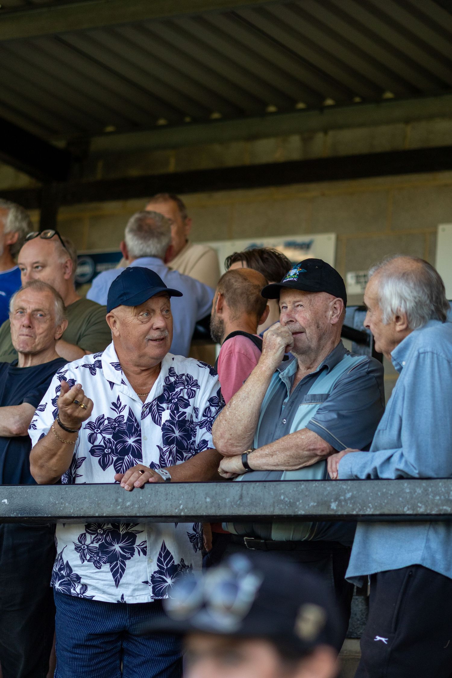 A group of older football fans chat and watch a match from a covered terrace stand on a sunny day.