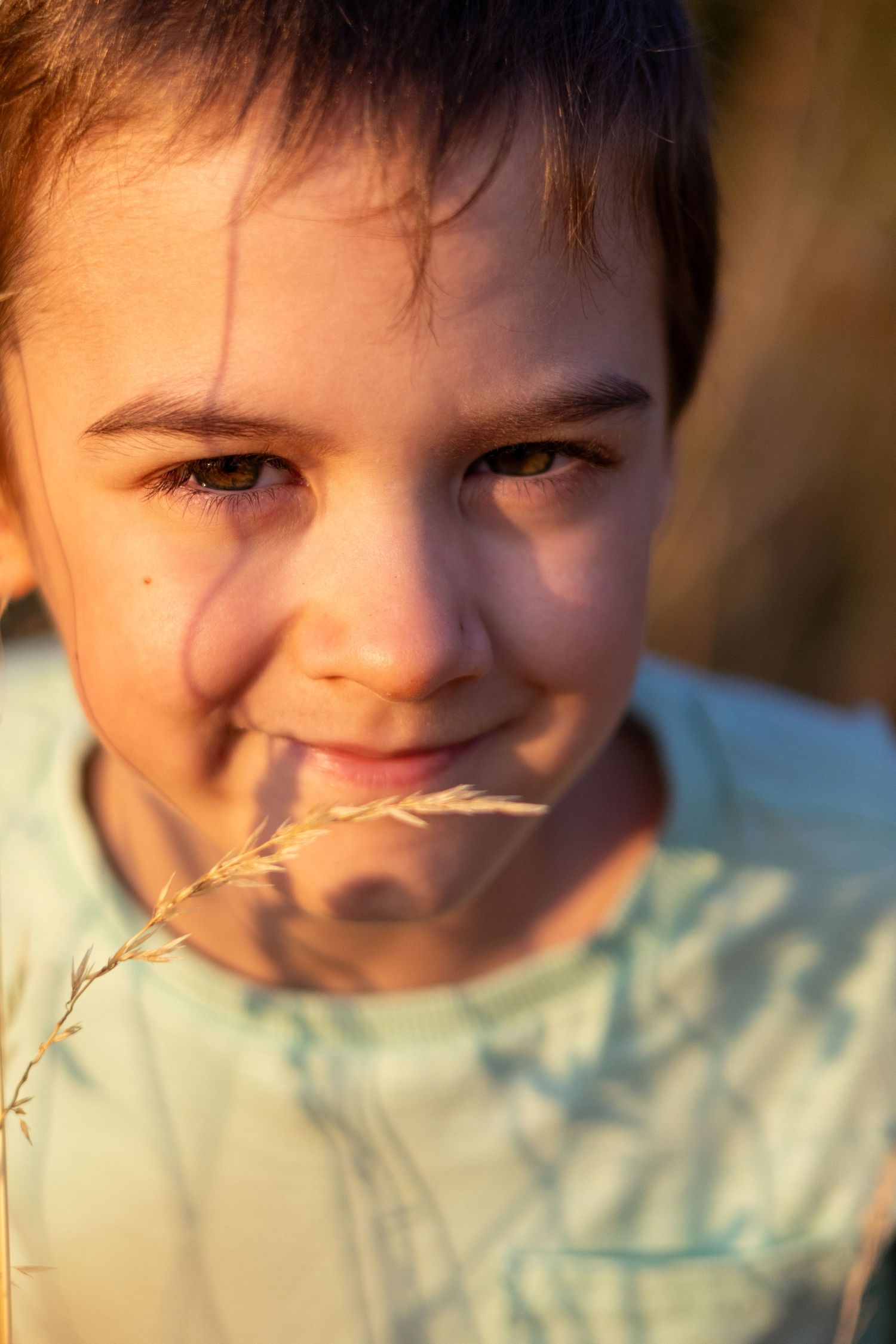 A smiling boy with a grass stem near his mouth glows in warm golden evening light.