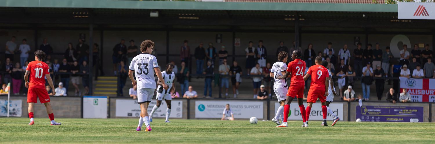 Football players compete on a grass pitch during a match, with spectators watching from the stands on a sunny day.
