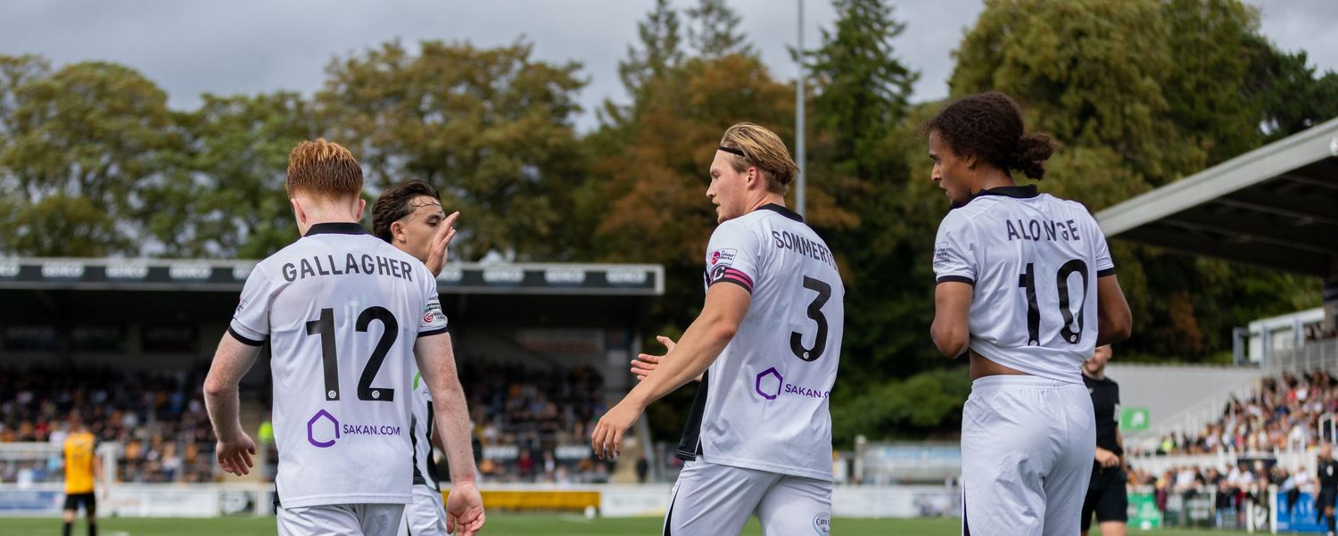 Three soccer players in white jerseys celebrating a goal on a green field during a match.
