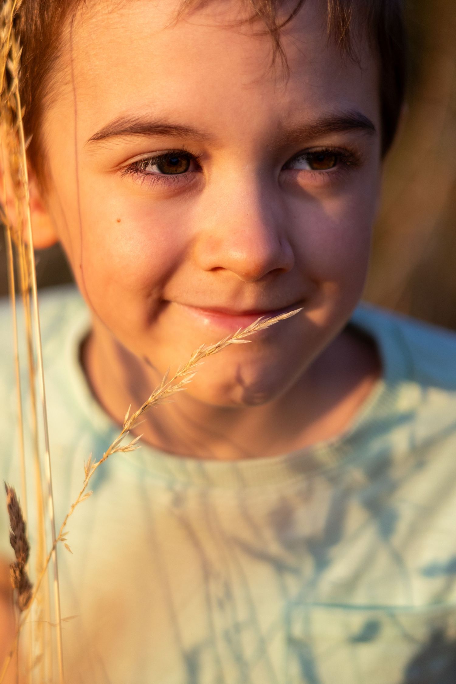 A smiling boy holds a grass stem to his lips bathed in warm golden hour sunlight.