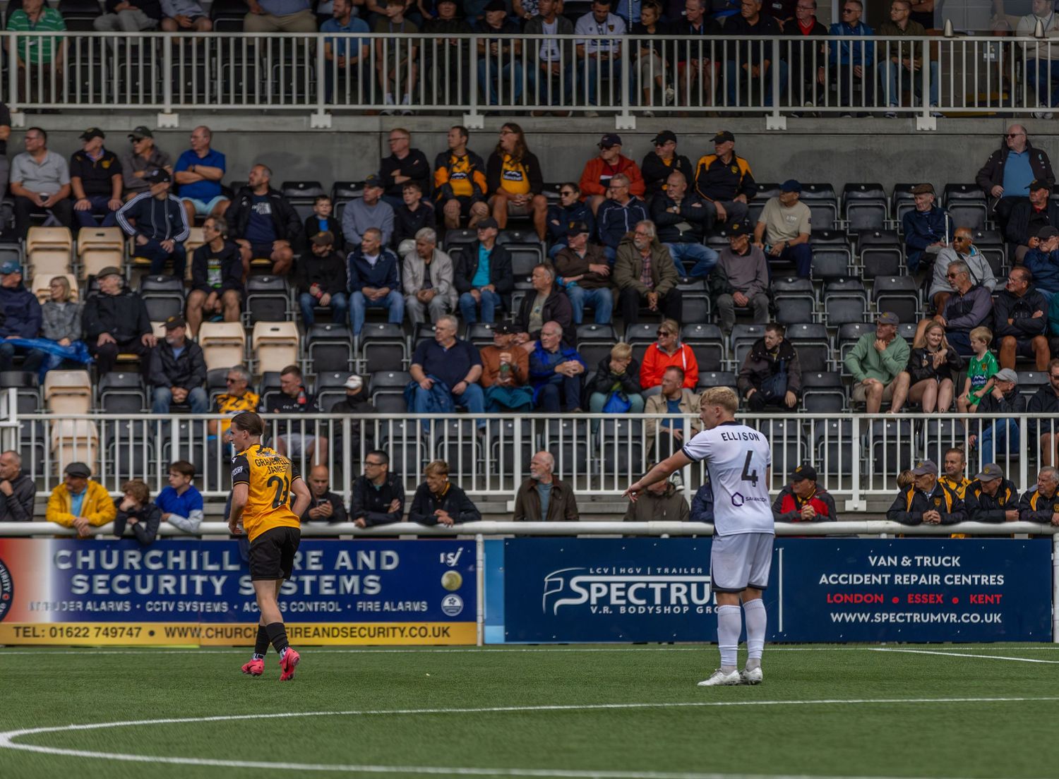 Soccer players compete on a green pitch during a match, with spectators filling the stands behind advertising boards.