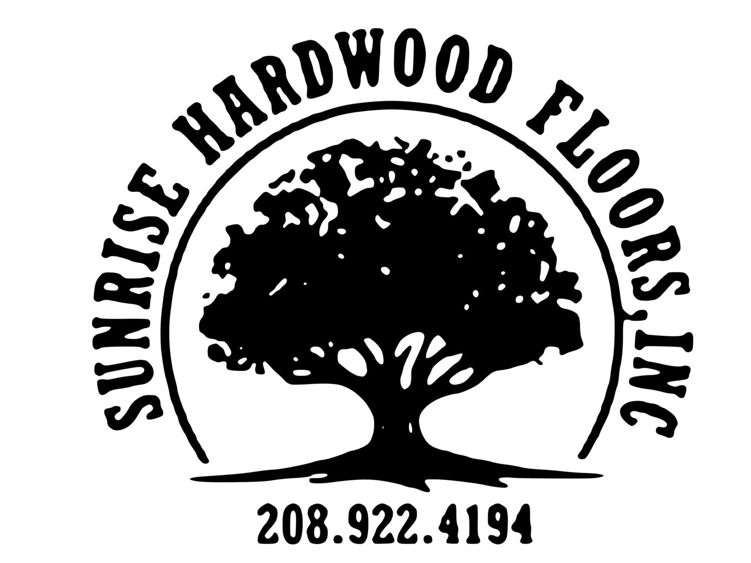 Sunrise Hardwood Floors Inc logo with black oak tree silhouette and phone number 208.922.4194.