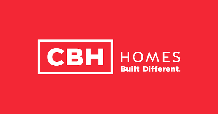 CBH Homes Built Different logo in white text on a bold red background with a rectangular emblem.