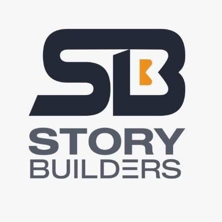 Story Builders logo featuring interlocked SB letters in dark gray and orange on a dark background.
