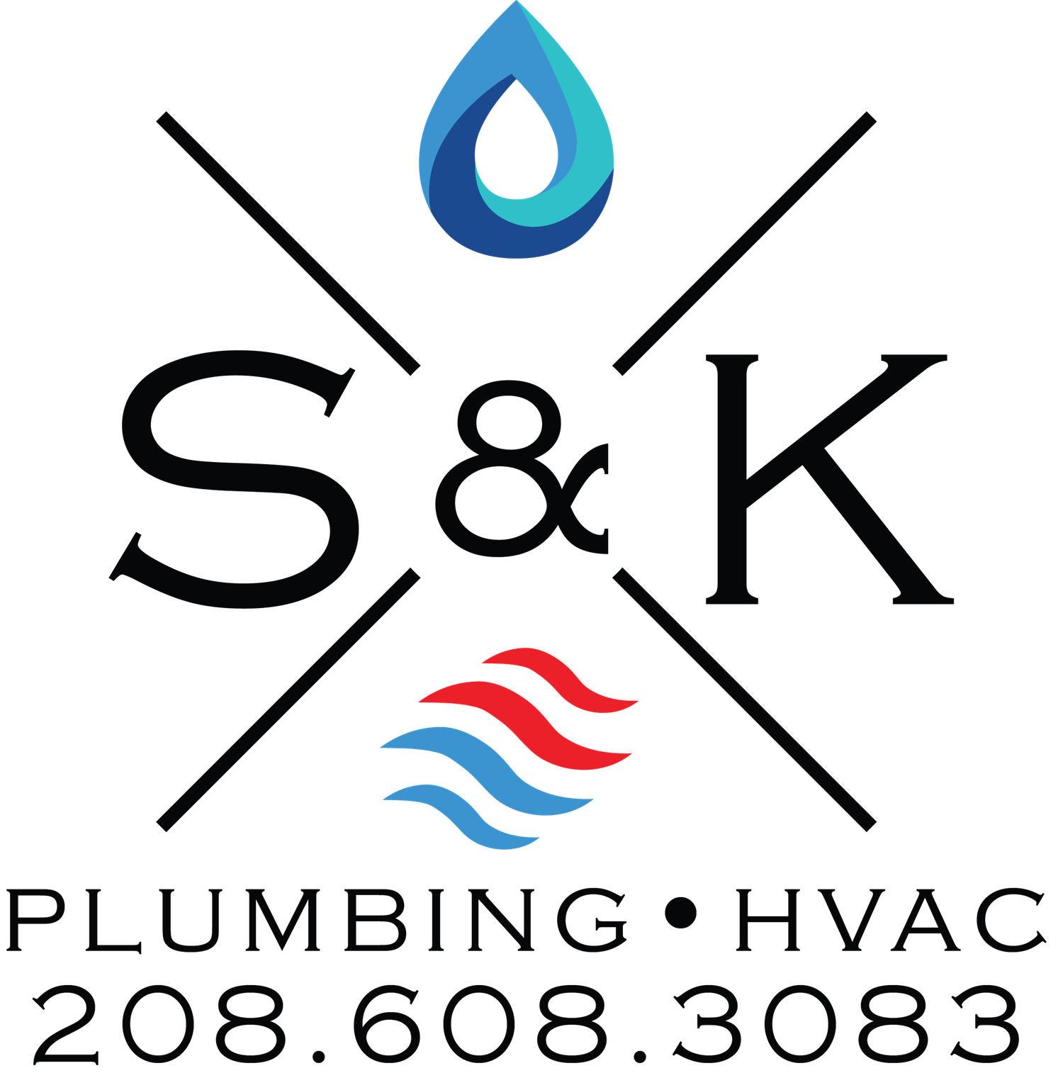 S&K Plumbing and HVAC logo with water drop and wave icons and phone number 208.608.3083.