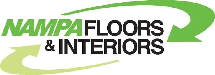 Nampa Floors and Interiors logo with bold green and black text and swooping green arrow graphic.