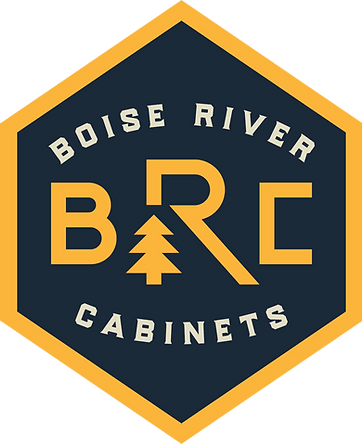 Boise River Cabinets logo featuring a hexagon shape with gold border, BRC initials and pine tree icon on dark navy background.